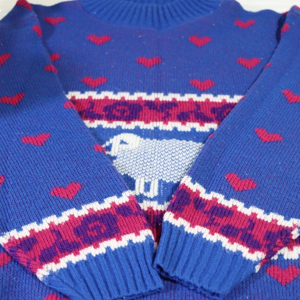 Private Eyes Vintage Blue Heart & Sheep Knit Sweater Retro Cozy Large USA - Picture 10 of 14